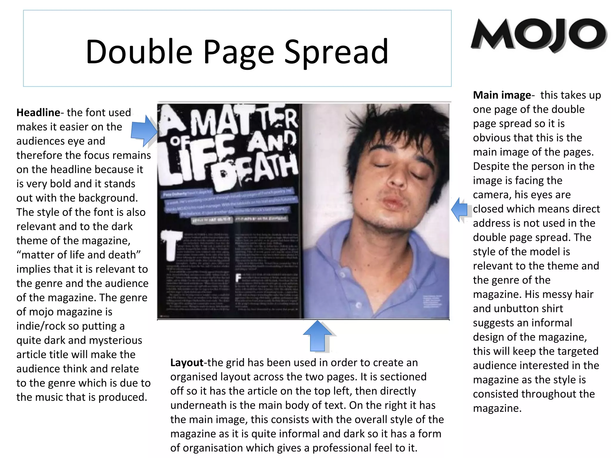 Double Page Spread
Headline- the font used
makes it easier on the
audiences eye and
therefore the focus remains
on the headline because it
is very bold and it stands
out with the background.
The style of the font is also
relevant and to the dark
theme of the magazine,
“matter of life and death”
implies that it is relevant to
the genre and the audience
of the magazine. The genre
of mojo magazine is
indie/rock so putting a
quite dark and mysterious
article title will make the
audience think and relate
to the genre which is due to
the music that is produced.
Main image- this takes up
one page of the double
page spread so it is
obvious that this is the
main image of the pages.
Despite the person in the
image is facing the
camera, his eyes are
closed which means direct
address is not used in the
double page spread. The
style of the model is
relevant to the theme and
the genre of the
magazine. His messy hair
and unbutton shirt
suggests an informal
design of the magazine,
this will keep the targeted
audience interested in the
magazine as the style is
consisted throughout the
magazine.
Layout-the grid has been used in order to create an
organised layout across the two pages. It is sectioned
off so it has the article on the top left, then directly
underneath is the main body of text. On the right it has
the main image, this consists with the overall style of the
magazine as it is quite informal and dark so it has a form
of organisation which gives a professional feel to it.
 