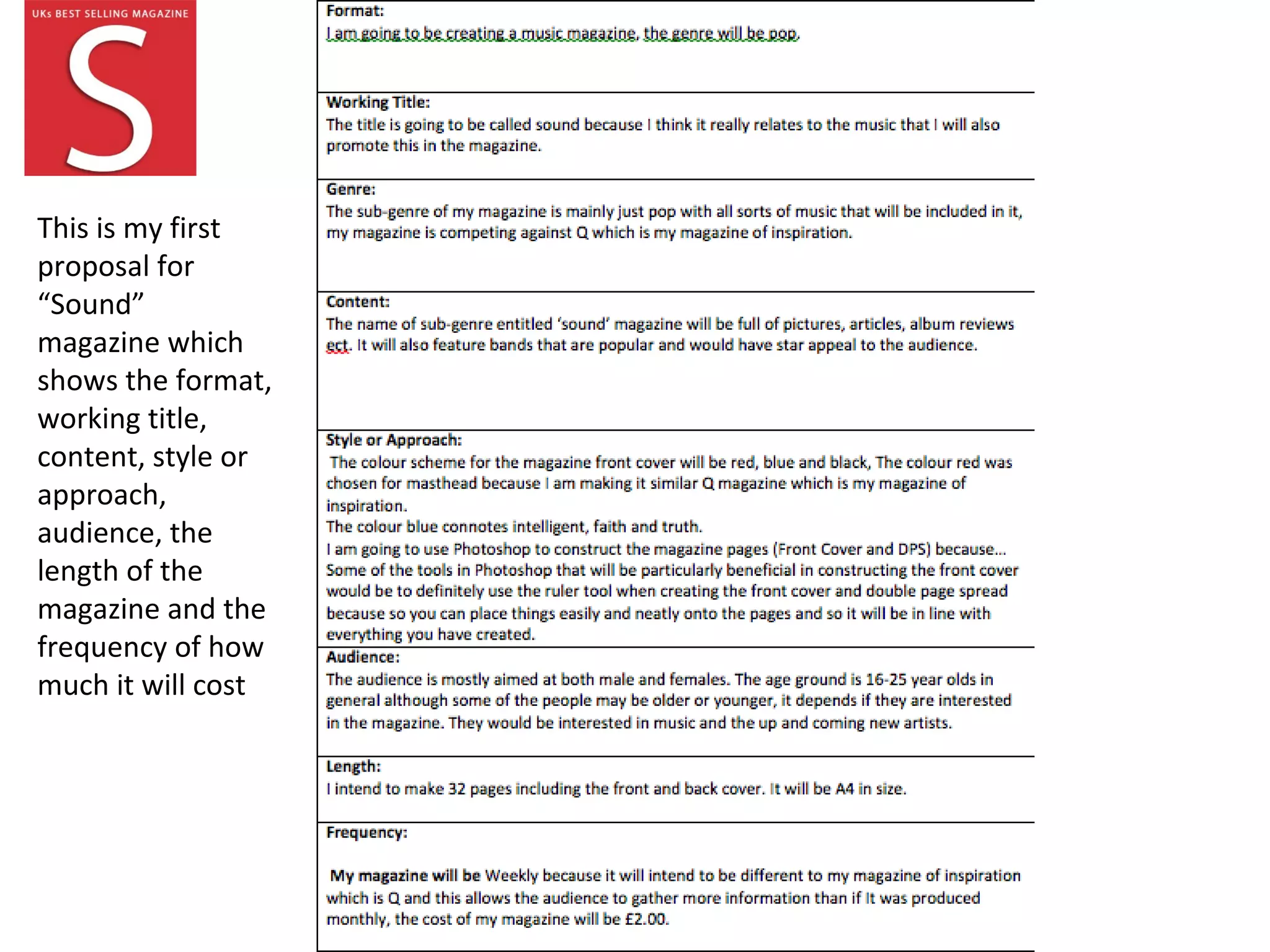 This is my first
proposal for
“Sound”
magazine which
shows the format,
working title,
content, style or
approach,
audience, the
length of the
magazine and the
frequency of how
much it will cost
 