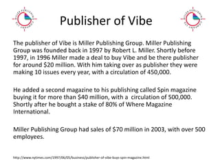 Publisher of Vibe
The publisher of Vibe is Miller Publishing Group. Miller Publishing
Group was founded back in 1997 by Robert L. Miller. Shortly before
1997, in 1996 Miller made a deal to buy Vibe and be there publisher
for around $20 million. With him taking over as publisher they were
making 10 issues every year, with a circulation of 450,000.
He added a second magazine to his publishing called Spin magazine
buying it for more than $40 million, with a circulation of 500,000.
Shortly after he bought a stake of 80% of Where Magazine
International.
Miller Publishing Group had sales of $70 million in 2003, with over 500
employees.
http://www.nytimes.com/1997/06/05/business/publisher-of-vibe-buys-spin-magazine.html
 
