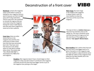 Masthead: contains the magazine
name so that when it comes to
looking for your magazine that you
want to buy you can find it straight
away with its big, bold letters.
They’ve used red in the masthead
to connote the urgency that you
must show to buy this magazine.
Putting the name in bold depicts
that they want there magazine to
stand out to their audience.
Strapline: Vibe magazine doesn’t have a brand slogan on their
magazine as they may feel it doesn’t contribute to the magazine
massively and the fact that they have bigger stories to put on
the magazine than putting on the slogan.
Main image: the main image
in the middle of the magazine
is always linked in with the
main headline to show the
main focus of this issue of the
magazine.
Cover lines: these are other
stories that are in the
magazine also and they also
reveal parts of other artists
lives that they have exclusively
been told. They have cover
lines because it also allows
others to read about multiple
other artists. The verbal code
“SEX, DRUGS AND R&B” is
stereotypical of a R&B artist
and magazine.
Main Headline: this is where they have put
the main story in the biggest text as it is
what is focused on in this magazine copy.
This main headline is about Kendrick Lamar
and VIBE the makers of this magazine have
called him the New God MC and in this
issue they tell us why.
Deconstruction of a front cover
This type of shot is a medium close up as
they have focused there shot on the
elbows up. The artist is Kendrick Lamar
and they have put his image up as he’s
the main focus of this magazine, he
denotes “star appeal” (Richard dyer)
 
