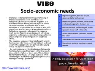 Socio-economic needs
• the target audience for Vibe magazine looking at
the Socio-economic needs will fit into the
categories C1 and C2 because the magazine uses
somewhat formal writing and the layout is neatly
arranged together. So someone who is semi
employed or un employed are unlikely to read such
magazines. Another reason why my target audience
fall in these categories is because the magazine
itself is quite flashy in a way because it advertises
expensive and designer products which people who
are unemployed or studying will not be able to
afford.
• The magazine also goes into a lot of depth when it
has it’s main interviews and it is a lot to sit and read
which I think people who are perhaps a bit young
would not be quite interested in.
• the main reason why I think is because SpinMedia
has lot’s of pictures of teenagers rather than adults
or people of a higher or lower ages. This indicates
to me that they have a set target audience which
are teenagers due to there pages being felled with
teenagers having a good time.
http://www.spinmedia.com/
 