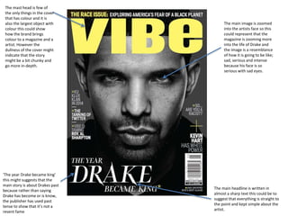 The mast head is few of
the only things in the cover
that has colour and it is
also the largest object with
colour this could show
how the brand brings
colour to a magazine and a
artist. However the
dullness of the cover might
indicate that the story
might be a bit chunky and
go more in-depth.
‘The year Drake became king’
this might suggests that the
main story is about Drakes past
because rather than saying
Drake has become or is know,
the publisher has used past
tense to show that it’s not a
resent fame
The main headline is written in
almost a sharp text this could be to
suggest that everything is straight to
the point and kept simple about the
artist.
The main image is zoomed
into the artists face so this
could represent that the
magazine is zooming more
into the life of Drake and
the image is a resemblance
of how it is going to be like;
sad, serious and intense
because his face is so
serious with sad eyes.
 