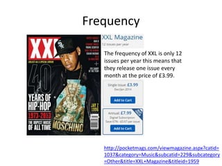 Frequency
The frequency of XXL is only 12
issues per year this means that
they release one issue every
month at the price of £3.99.
http://pocketmags.com/viewmagazine.aspx?catid=
1037&category=Music&subcatid=229&subcategory
=Other&title=XXL+Magazine&titleid=1959
 