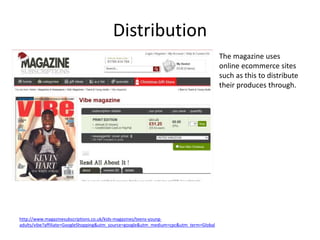 Distribution
http://www.magazinesubscriptions.co.uk/kids-magazines/teens-young-
adults/vibe?affiliate=GoogleShopping&utm_source=google&utm_medium=cpc&utm_term=Global
The magazine uses
online ecommerce sites
such as this to distribute
their produces through.
 