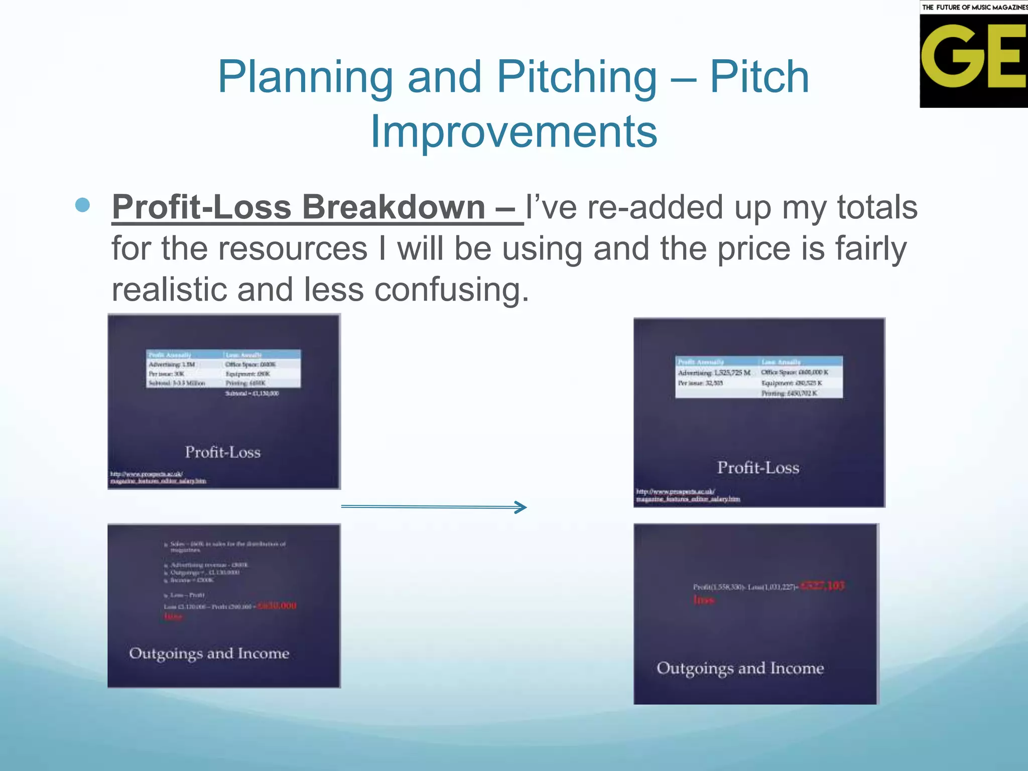 Planning and Pitching – Pitch
Improvements
 Profit-Loss Breakdown – I’ve re-added up my totals
for the resources I will be using and the price is fairly
realistic and less confusing.
 