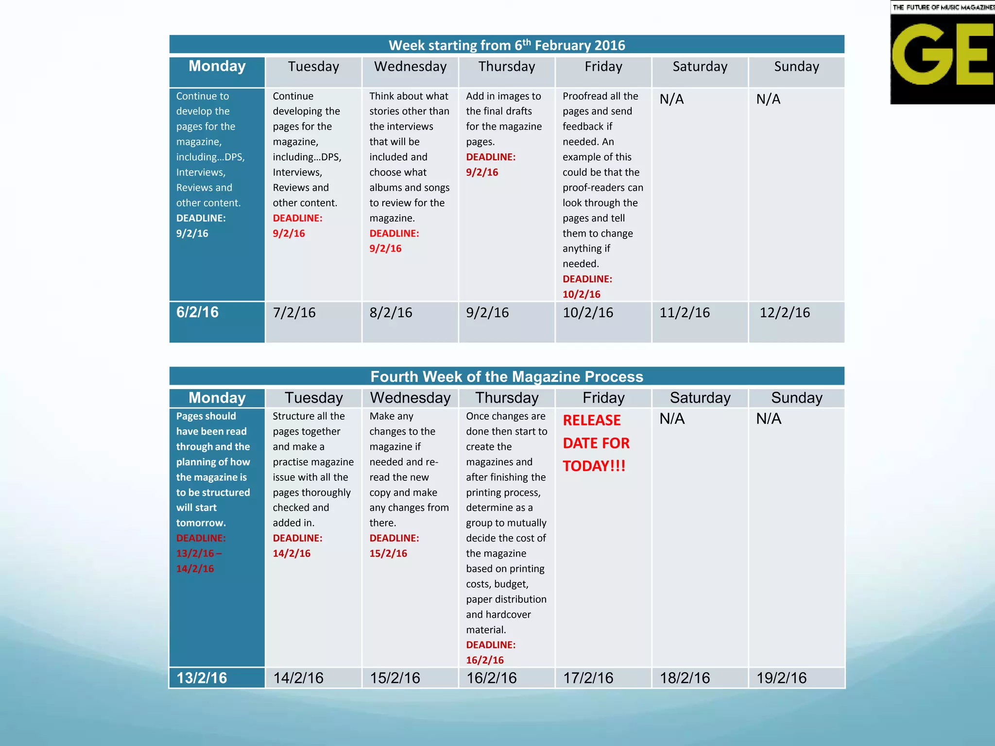 Week starting from 6th February 2016
Monday Tuesday Wednesday Thursday Friday Saturday Sunday
Continue to
develop the
pages for the
magazine,
including…DPS,
Interviews,
Reviews and
other content.
DEADLINE:
9/2/16
Continue
developing the
pages for the
magazine,
including…DPS,
Interviews,
Reviews and
other content.
DEADLINE:
9/2/16
Think about what
stories other than
the interviews
that will be
included and
choose what
albums and songs
to review for the
magazine.
DEADLINE:
9/2/16
Add in images to
the final drafts
for the magazine
pages.
DEADLINE:
9/2/16
Proofread all the
pages and send
feedback if
needed. An
example of this
could be that the
proof-readers can
look through the
pages and tell
them to change
anything if
needed.
DEADLINE:
10/2/16
N/A N/A
6/2/16 7/2/16 8/2/16 9/2/16 10/2/16 11/2/16 12/2/16
Fourth Week of the Magazine Process
Monday Tuesday Wednesday Thursday Friday Saturday Sunday
Pages should
have been read
through and the
planning of how
the magazine is
to be structured
will start
tomorrow.
DEADLINE:
13/2/16 –
14/2/16
Structure all the
pages together
and make a
practise magazine
issue with all the
pages thoroughly
checked and
added in.
DEADLINE:
14/2/16
Make any
changes to the
magazine if
needed and re-
read the new
copy and make
any changes from
there.
DEADLINE:
15/2/16
Once changes are
done then start to
create the
magazines and
after finishing the
printing process,
determine as a
group to mutually
decide the cost of
the magazine
based on printing
costs, budget,
paper distribution
and hardcover
material.
DEADLINE:
16/2/16
RELEASE
DATE FOR
TODAY!!!
N/A N/A
13/2/16 14/2/16 15/2/16 16/2/16 17/2/16 18/2/16 19/2/16
 