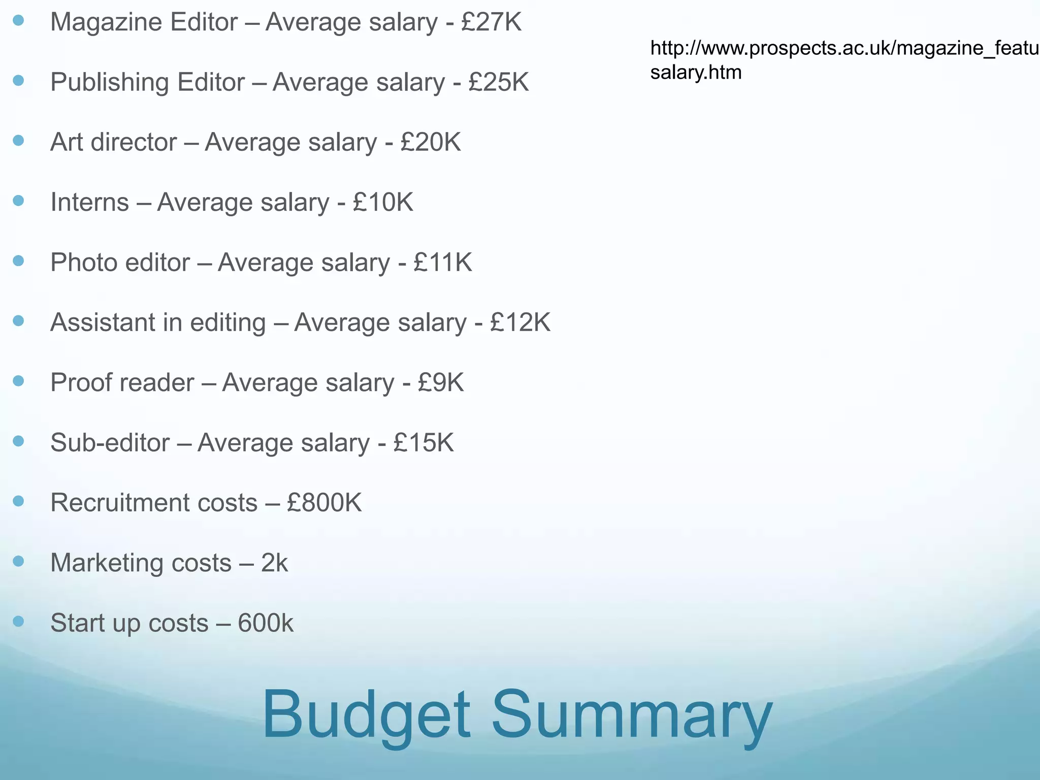  Magazine Editor – Average salary - £27K
 Publishing Editor – Average salary - £25K
 Art director – Average salary - £20K
 Interns – Average salary - £10K
 Photo editor – Average salary - £11K
 Assistant in editing – Average salary - £12K
 Proof reader – Average salary - £9K
 Sub-editor – Average salary - £15K
 Recruitment costs – £800K
 Marketing costs – 2k
 Start up costs – 600k
Budget Summary
http://www.prospects.ac.uk/magazine_featur
salary.htm
 
