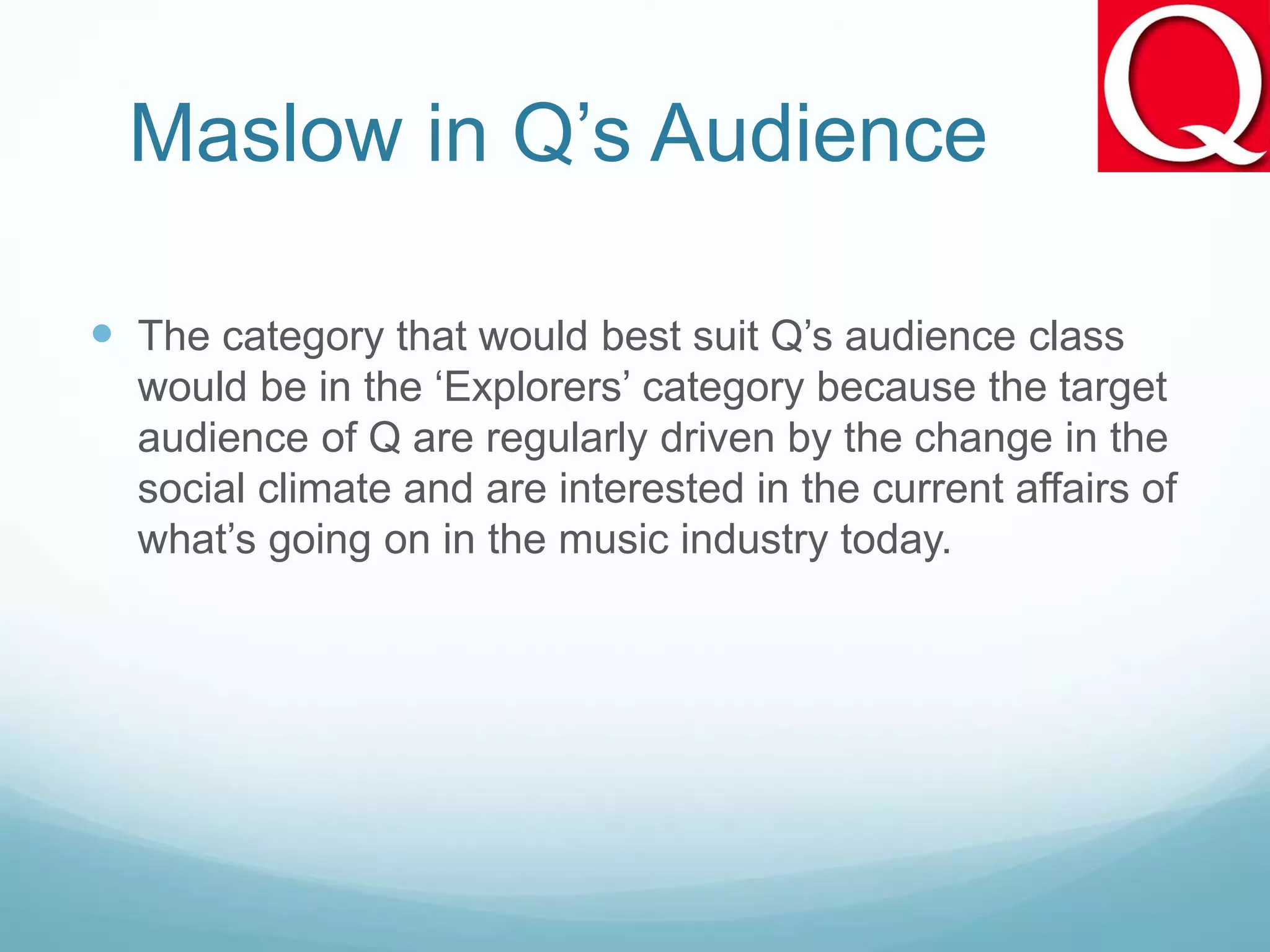 Maslow in Q’s Audience
 The category that would best suit Q’s audience class
would be in the ‘Explorers’ category because the target
audience of Q are regularly driven by the change in the
social climate and are interested in the current affairs of
what’s going on in the music industry today.
 