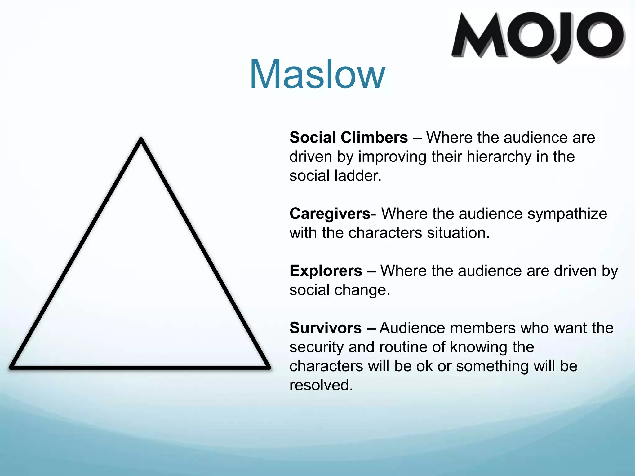 Maslow
Social Climbers – Where the audience are
driven by improving their hierarchy in the
social ladder.
Caregivers- Where the audience sympathize
with the characters situation.
Explorers – Where the audience are driven by
social change.
Survivors – Audience members who want the
security and routine of knowing the
characters will be ok or something will be
resolved.
 