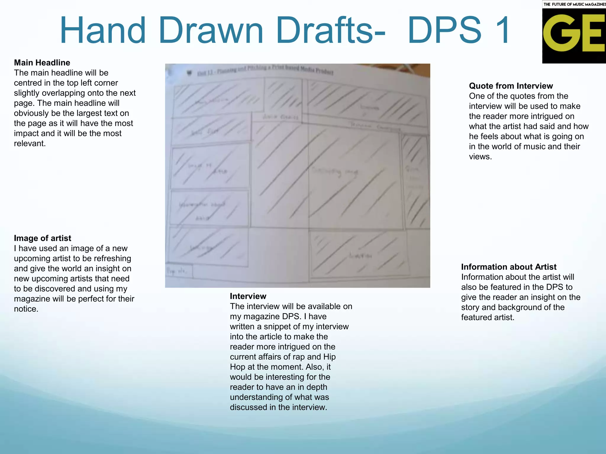 Hand Drawn Drafts- DPS 1
Main Headline
The main headline will be
centred in the top left corner
slightly overlapping onto the next
page. The main headline will
obviously be the largest text on
the page as it will have the most
impact and it will be the most
relevant.
Image of artist
I have used an image of a new
upcoming artist to be refreshing
and give the world an insight on
new upcoming artists that need
to be discovered and using my
magazine will be perfect for their
notice.
Information about Artist
Information about the artist will
also be featured in the DPS to
give the reader an insight on the
story and background of the
featured artist.
Quote from Interview
One of the quotes from the
interview will be used to make
the reader more intrigued on
what the artist had said and how
he feels about what is going on
in the world of music and their
views.
Interview
The interview will be available on
my magazine DPS. I have
written a snippet of my interview
into the article to make the
reader more intrigued on the
current affairs of rap and Hip
Hop at the moment. Also, it
would be interesting for the
reader to have an in depth
understanding of what was
discussed in the interview.
 