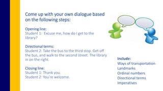 Come up with your own dialogue based
on the following steps:
Opening line:
Student 1: Excuse me, how do I get to the
library?
Directional terms:
Student 2: Take the bus to the third stop. Get off
the bus, and walk to the second street. The library
in on the right.
Closing line:
Student 1: Thank you.
Student 2: You’re welcome.
Include:
Ways of transportation
Landmarks
Ordinal numbers
Directional terms
Imperatives