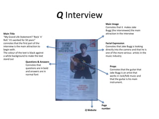 Q Interview
Page
number
Main Image
Connotes that it makes Jake
Bugg (the interviewee) the main
attraction in the interviewMain Title
“My Grand Life Statement? ‘Rock ‘n’
Roll.’ It’s worked for 50 years”
connotes that the first part of the
interview is the main attraction to
begin with.
The colour of the text is black against
a white background to make the text
stand out
Questions & Answers
Connotes that
questions are in bold
and answers are in
normal font
Q Website
Facial Expression
Connotes that Jake Bugg is looking
directly into the camera and that he is
one of the more serious artists in the
music industry
Props
Connotes that the guitar that
Jake Bugg is an artist that
works in rock/folk music and
that the guitar is his main
instrument.
 