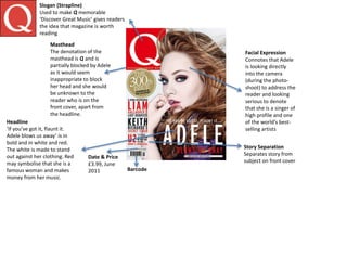 Headline
‘If you’ve got it, flaunt it.
Adele blows us away’ is in
bold and in white and red.
The white is made to stand
out against her clothing. Red
may symbolise that she is a
famous woman and makes
money from her music.
Masthead
The denotation of the
masthead is Q and is
partially blocked by Adele
as it would seem
inappropriate to block
her head and she would
be unknown to the
reader who is on the
front cover, apart from
the headline.
Date & Price
£3.99, June
2011
Story Separation
Separates story from
subject on front cover
Slogan (Strapline)
Used to make Q memorable
‘Discover Great Music’ gives readers
the idea that magazine is worth
reading
Barcode
Facial Expression
Connotes that Adele
is looking directly
into the camera
(during the photo-
shoot) to address the
reader and looking
serious to denote
that she is a singer of
high profile and one
of the world’s best-
selling artists
 