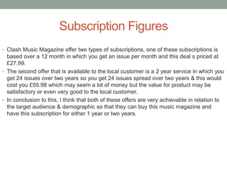 Subscription Figures
• Clash Music Magazine offer two types of subscriptions, one of these subscriptions is
based over a 12 month in which you get an issue per month and this deal s priced at
£27.99.
• The second offer that is available to the local customer is a 2 year service in which you
get 24 issues over two years so you get 24 issues spread over two years & this would
cost you £55.98 which may seem a lot of money but the value for product may be
satisfactory or even very good to the local customer.
• In conclusion to this, I think that both of these offers are very achievable in relation to
the target audience & demographic so that they can buy this music magazine and
have this subscription for either 1 year or two years.
 
