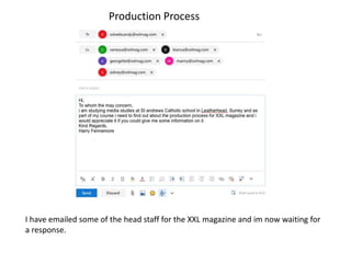 I have emailed some of the head staff for the XXL magazine and im now waiting for
a response.
Production Process
 