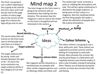 The front I am going to
use is called ‘Hyperspace’
this is going to be used for
the front cover and it will
also be next to the page
number on every page.
Also in the corners of the
page this is where the
logo will go onto its own.
The social media links will
only be on the front cover
near to the barcode and
only there so it doesn’t
get in the way.
Mind map 2
Ideas
Jump
The verbal code ‘Jump’ connotes a
party or clubbing like atmosphere and
vide. This will be a good masthead as it
directed to the target audience as
being some of their values in a
magazine. Also the masthead will be
the first thing people will reader a
attract the attentions of people who
like a party atmosphere.
The colour scheme I am going to use is
blue, white and pink. These colours are
supposed to connote summer and the
feeling of a long break to relax with
friends. Blue connotes the summer Sky
and the pink flower in a field which will
hopefully interest more female readers if
pink is also included, instead of excluding
them. Flowers are at festivals during the
summer so show also connote that vide
and feeling.
Colour Scheme
Masthead
Brand identity
Magazine release dates
Target audience
My magazine will be released on a
monthly bases to compete with
other similar magazine genres such
as; Mixmag, tillate and street cred
The target audience will
be young males and
females between the ages
of 18 – 25 and in the
socio-economics my
target audience will be in
the category of; E,D and
C2.
Main image
The main image on the front cover is
going to be someone with an
emotionless face looking into the
distance. This connotes how the
magazine is seen as cool as the model
on the front is thoughtful and not
interested in the camera
 