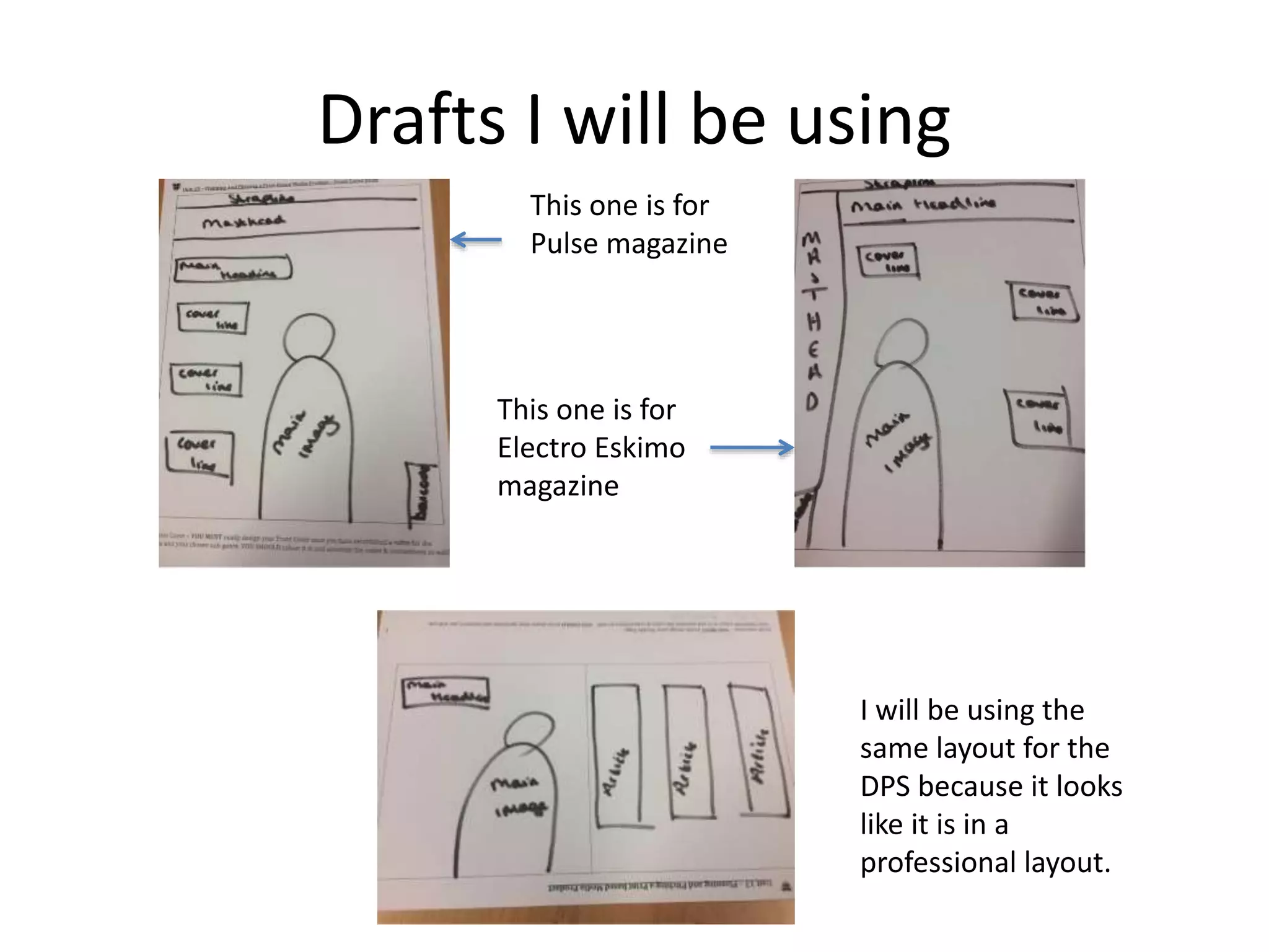 Drafts I will be using
I will be using the
same layout for the
DPS because it looks
like it is in a
professional layout.
This one is for
Pulse magazine
This one is for
Electro Eskimo
magazine
 