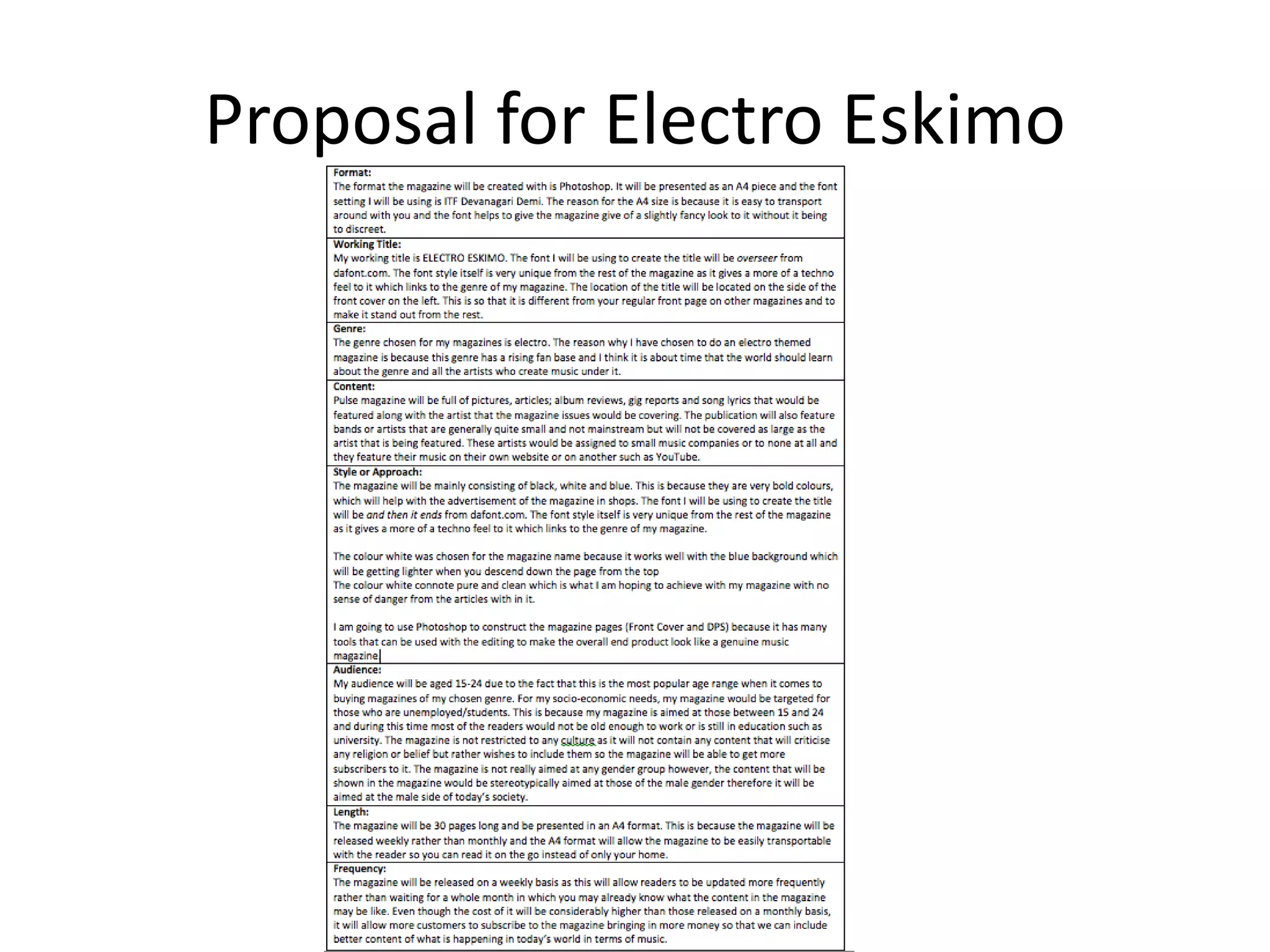 Proposal for Electro Eskimo
 