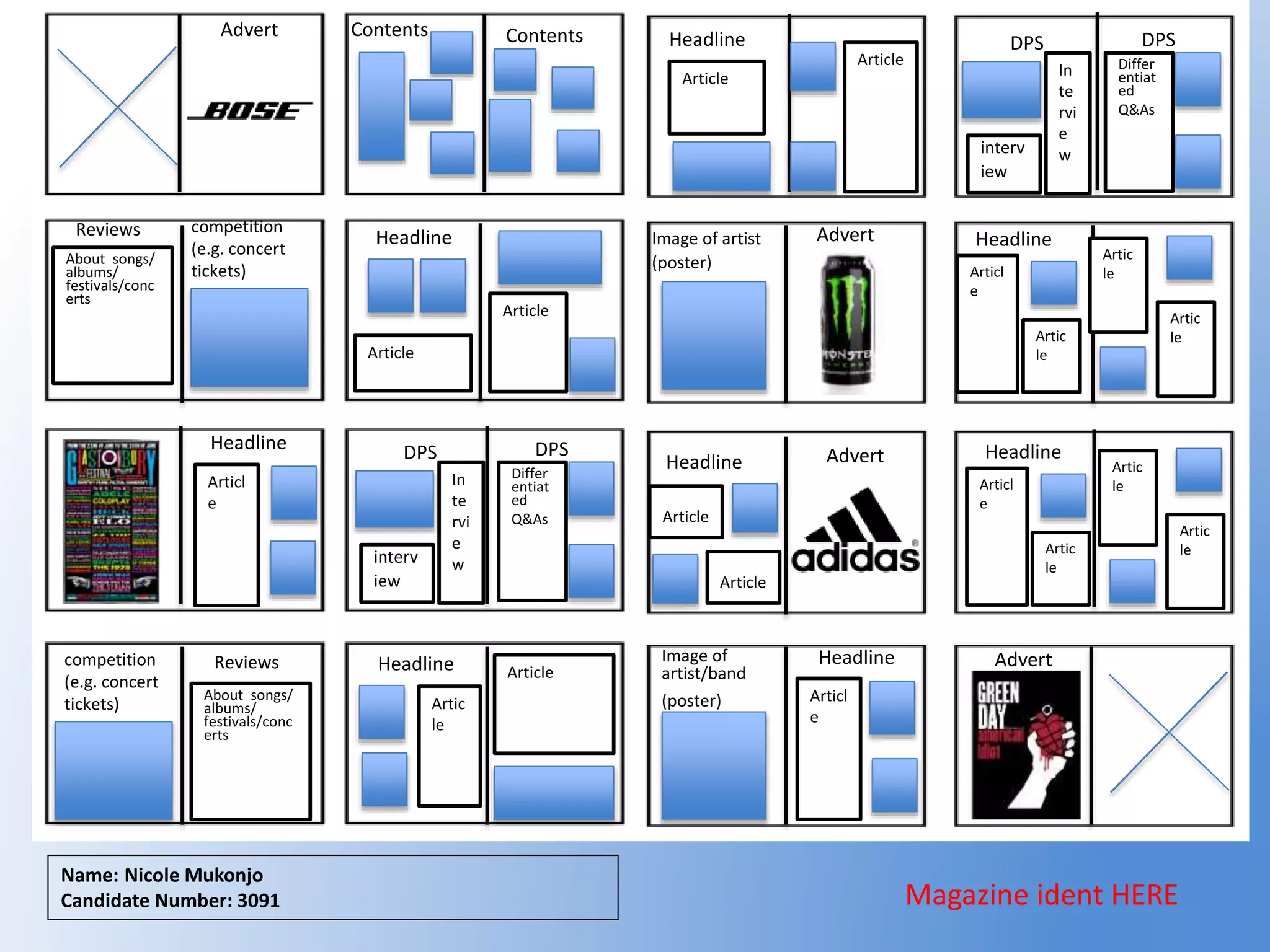 Name: Nicole Mukonjo
Candidate Number: 3091 Magazine ident HERE
Article
Article
HeadlineAdvert Contents Contents
In
te
rvi
e
w
DPS DPS
interv
iew
Differ
entiat
ed
Q&As
competition
(e.g. concert
tickets)
Reviews
About songs/
albums/
festivals/conc
erts
Headline
Article
Article
AdvertImage of artist
(poster)
Headline
Articl
e
Artic
le
Artic
le
Artic
le
Articl
e
Headline
In
te
rvi
e
w
DPS DPS
interv
iew
Differ
entiat
ed
Q&As
Headline
Article
Article
Advert Headline
Articl
e
Artic
le
Artic
le
Artic
le
competition
(e.g. concert
tickets)
Reviews
About songs/
albums/
festivals/conc
erts
Headline Article
Artic
le
Image of
artist/band
(poster) Articl
e
Headline Advert
 