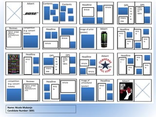 Name: Nicole Mukonjo
Candidate Number: 3091
Article
Article
HeadlineAdvert Contents Contents
In
te
rvi
e
w
DPS DPS
interv
iew
Differ
entiat
ed
Q&As
competition
(e.g. concert
tickets)
Reviews
About songs/
albums/
festivals/conc
erts
Headline
Article
Article
AdvertImage of artist
(poster)
Headline
Articl
e
Artic
le
Artic
le
Artic
le
Articl
e
Headline
In
te
rvi
e
w
DPS DPS
interv
iew
Differ
entiat
ed
Q&As
Headline
Article
Article
Advert Headline
Articl
e
Artic
le
Artic
le
Artic
le
competition
(e.g. concert
tickets)
Reviews
About songs/
albums/
festivals/conc
erts
Headline Article
Artic
le
Image of
artist/band
(poster) Articl
e
Headline Advert
 