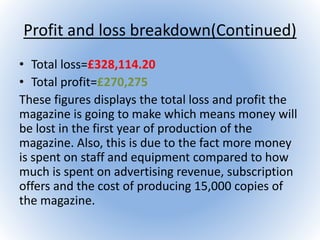 Profit and loss breakdown(Continued)
• Total loss=£328,114.20
• Total profit=£270,275
These figures displays the total loss and profit the
magazine is going to make which means money will
be lost in the first year of production of the
magazine. Also, this is due to the fact more money
is spent on staff and equipment compared to how
much is spent on advertising revenue, subscription
offers and the cost of producing 15,000 copies of
the magazine.
 