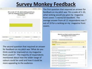 Survey Monkey Feedback
The first question that required an answer for
feedback on my pitch was ‘On a scale of 1-10,
what ranking would you give my magazine
front covers ‘1-worst/10-excellent’. The
average answer from all 11 respondents was 7
out of 10 for a ranking on my magazine front
covers.
The second question that required an answer
for feedback on my pitch was ‘What do you
think could be improved on my magazine
front covers?’. The majority of respondents
mentioned about how the wider range of
colours could be used and how it could be
more appealing to the audience.
 