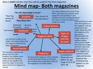 Mind map- Both magazines
Colour Scheme
Masthead
Types of
images
that will
be used
Target audience
Frequency
Brand identity
It is aimed for
those who are
within the age
range of 16 to 30
years old
The magazine is
suited for both
male and females
based on the
individual that
appears on the
magazine.
close up-focuses on the
artist that appears on
the magazine only (to
emphasize to the
reader about the artist
that appears on the
front cover.)
Mid shot-when the
image is taken at a
medium shot(to
convey to the reader
the artists true image
and their impression
towards everyone .
The colour scheme will consist of red,
white, black and blue between both
magazines and also keeps it very
simplistic and not to overpowering on
the colours so that the audience can
recognize it easily.
An issue of the magazine will be released
at the end of each month and will give
the company time to distribute issues of
the magazine to its retail outlets.
Music
press
Booming
sound
Fast forward
NMHLouder
HOS(Home
Of Sounds)
The masthead is going to be
placed over the main
headline- this implies to the
reader that the masthead
relates to the headline and
helps the reader to be more
aware of what the magazine is
named.
Use bold text to alert to the
reader and imply to them how
the magazine stands out to
other competitors
Strapline
Magazine ideas
“The UK’s Best Guide to music”
“New Music Hits”
“Your Top
Source To
Music”
“Your Source To
Everyday Music”
Ideas in bold indicates that they will be used for the final magazines.
 