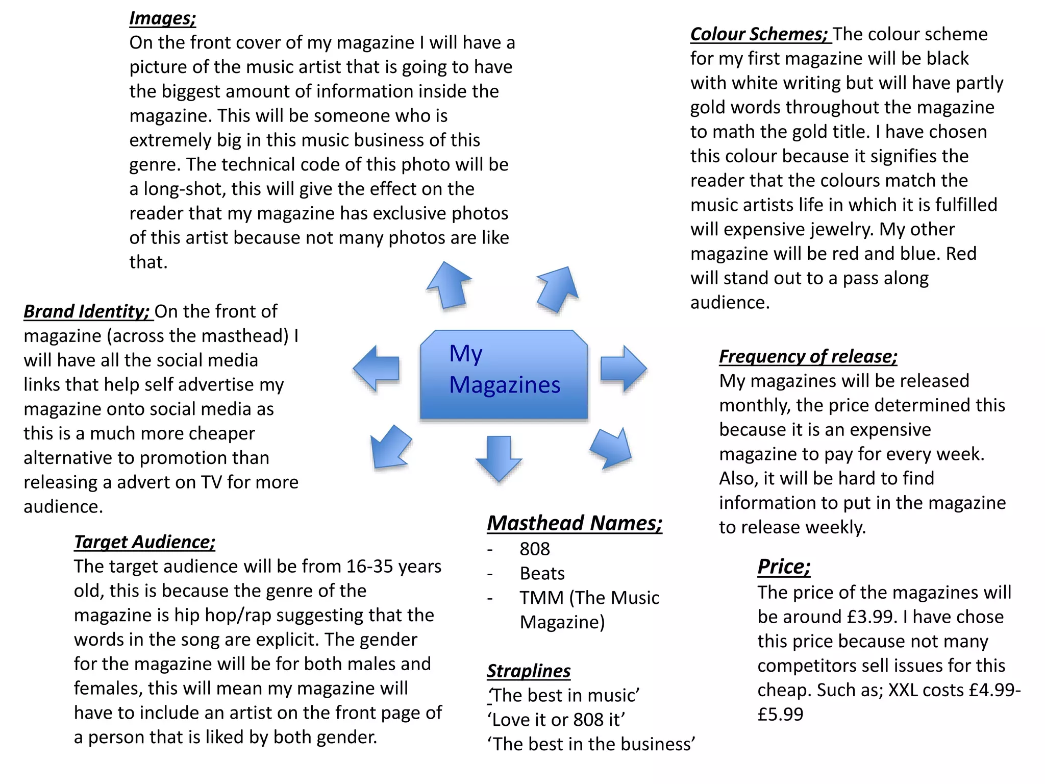 My
Magazines
Price;
The price of the magazines will
be around £3.99. I have chose
this price because not many
competitors sell issues for this
cheap. Such as; XXL costs £4.99-
£5.99
Masthead Names;
- 808
- Beats
- TMM (The Music
Magazine)
Straplines
‘The best in music’
‘Love it or 808 it’
‘The best in the business’
Target Audience;
The target audience will be from 16-35 years
old, this is because the genre of the
magazine is hip hop/rap suggesting that the
words in the song are explicit. The gender
for the magazine will be for both males and
females, this will mean my magazine will
have to include an artist on the front page of
a person that is liked by both gender.
Frequency of release;
My magazines will be released
monthly, the price determined this
because it is an expensive
magazine to pay for every week.
Also, it will be hard to find
information to put in the magazine
to release weekly.
Colour Schemes; The colour scheme
for my first magazine will be black
with white writing but will have partly
gold words throughout the magazine
to math the gold title. I have chosen
this colour because it signifies the
reader that the colours match the
music artists life in which it is fulfilled
will expensive jewelry. My other
magazine will be red and blue. Red
will stand out to a pass along
audience.Brand Identity; On the front of
magazine (across the masthead) I
will have all the social media
links that help self advertise my
magazine onto social media as
this is a much more cheaper
alternative to promotion than
releasing a advert on TV for more
audience.
Images;
On the front cover of my magazine I will have a
picture of the music artist that is going to have
the biggest amount of information inside the
magazine. This will be someone who is
extremely big in this music business of this
genre. The technical code of this photo will be
a long-shot, this will give the effect on the
reader that my magazine has exclusive photos
of this artist because not many photos are like
that.
 