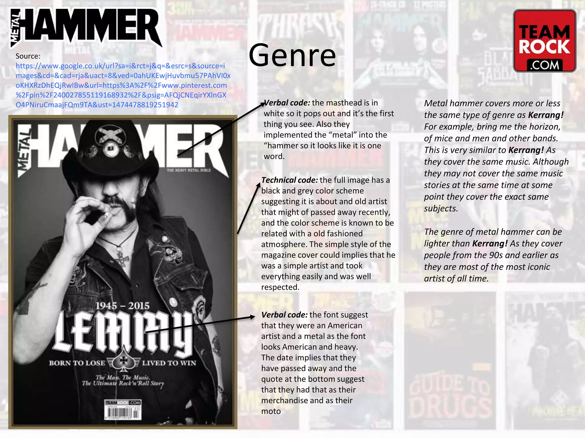 Genre
Verbal code: the masthead is in
white so it pops out and it’s the first
thing you see. Also they
implemented the “metal” into the
“hammer so it looks like it is one
word.
Technical code: the full image has a
black and grey color scheme
suggesting it is about and old artist
that might of passed away recently,
and the color scheme is known to be
related with a old fashioned
atmosphere. The simple style of the
magazine cover could implies that he
was a simple artist and took
everything easily and was well
respected.
Verbal code: the font suggest
that they were an American
artist and a metal as the font
looks American and heavy.
The date implies that they
have passed away and the
quote at the bottom suggest
that they had that as their
merchandise and as their
moto
Source:
https://www.google.co.uk/url?sa=i&rct=j&q=&esrc=s&source=i
mages&cd=&cad=rja&uact=8&ved=0ahUKEwjHuvbmu57PAhVI0x
oKHXRzDhEQjRwIBw&url=https%3A%2F%2Fwww.pinterest.com
%2Fpin%2F240027855119168932%2F&psig=AFQjCNEqirYXlnGX
O4PNiruCmaajFQm9TA&ust=1474478819251942 Metal hammer covers more or less
the same type of genre as Kerrang!
For example, bring me the horizon,
of mice and men and other bands.
This is very similar to Kerrang! As
they cover the same music. Although
they may not cover the same music
stories at the same time at some
point they cover the exact same
subjects.
The genre of metal hammer can be
lighter than Kerrang! As they cover
people from the 90s and earlier as
they are most of the most iconic
artist of all time.
 