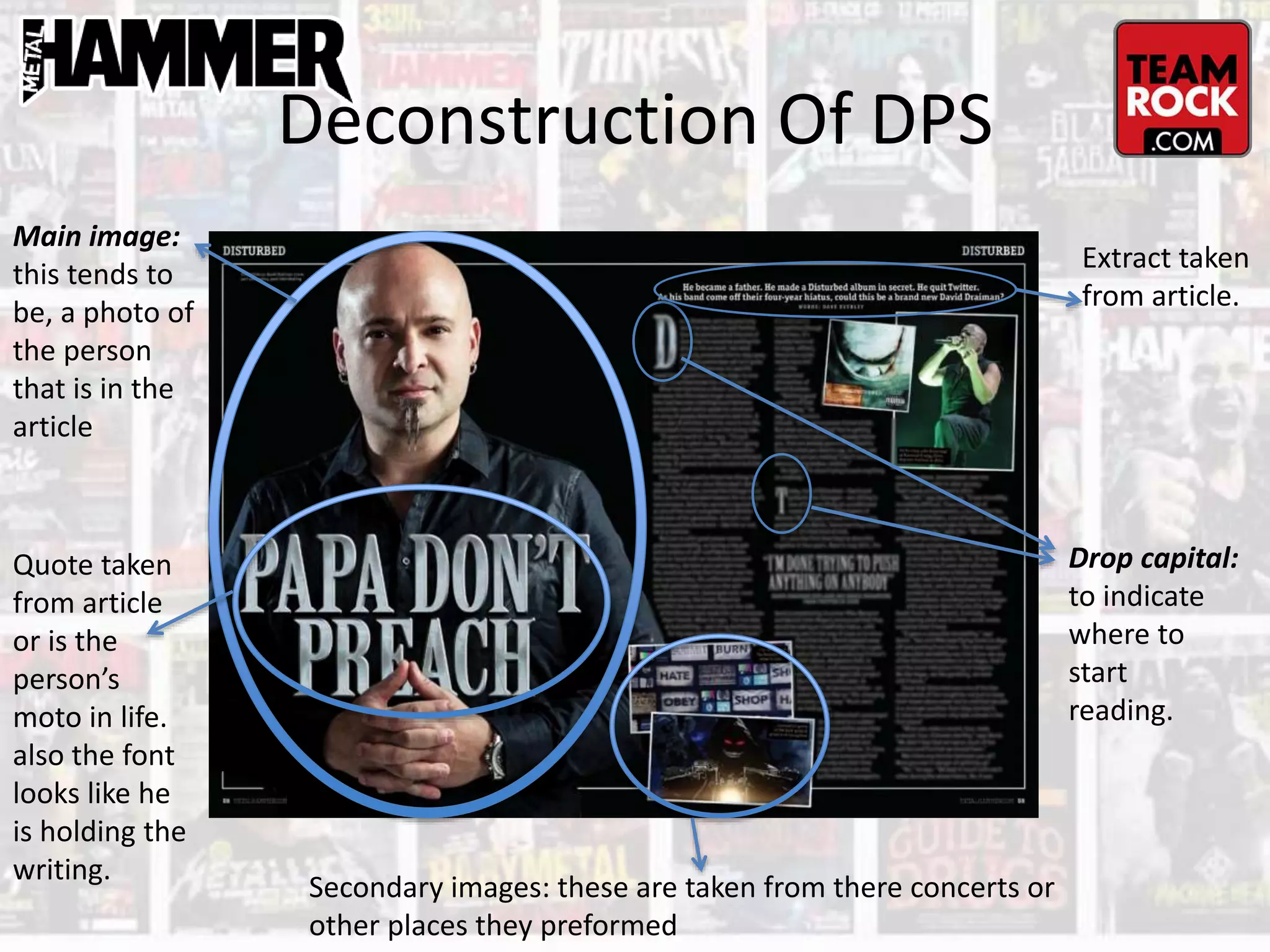 Deconstruction Of DPS
Drop capital:
to indicate
where to
start
reading.
Main image:
this tends to
be, a photo of
the person
that is in the
article
Secondary images: these are taken from there concerts or
other places they preformed
Extract taken
from article.
Quote taken
from article
or is the
person’s
moto in life.
also the font
looks like he
is holding the
writing.
 
