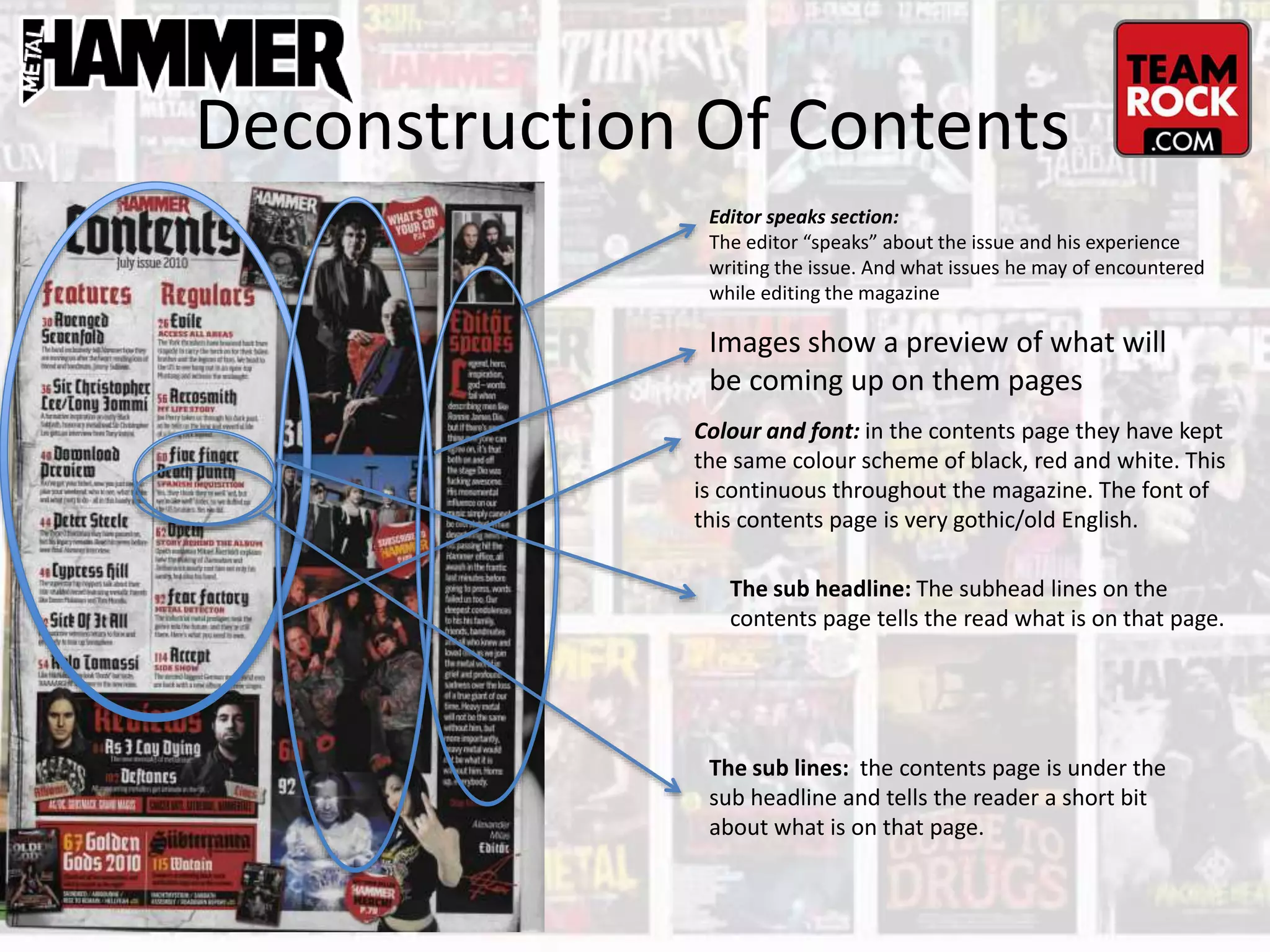Deconstruction Of Contents
Colour and font: in the contents page they have kept
the same colour scheme of black, red and white. This
is continuous throughout the magazine. The font of
this contents page is very gothic/old English.
Editor speaks section:
The editor “speaks” about the issue and his experience
writing the issue. And what issues he may of encountered
while editing the magazine
Images show a preview of what will
be coming up on them pages
The sub headline: The subhead lines on the
contents page tells the read what is on that page.
The sub lines: the contents page is under the
sub headline and tells the reader a short bit
about what is on that page.
 