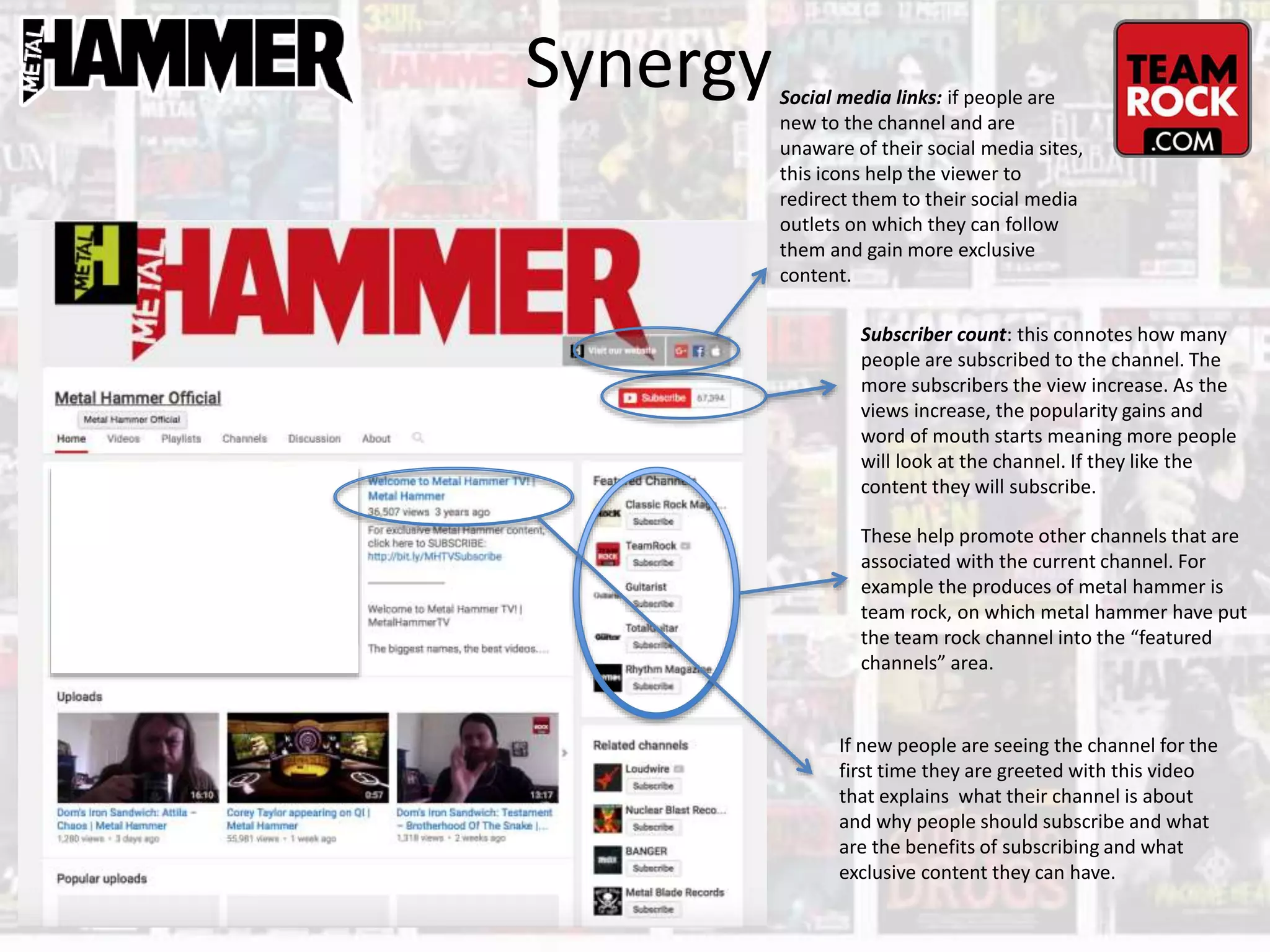 Synergy
Subscriber count: this connotes how many
people are subscribed to the channel. The
more subscribers the view increase. As the
views increase, the popularity gains and
word of mouth starts meaning more people
will look at the channel. If they like the
content they will subscribe.
Social media links: if people are
new to the channel and are
unaware of their social media sites,
this icons help the viewer to
redirect them to their social media
outlets on which they can follow
them and gain more exclusive
content.
These help promote other channels that are
associated with the current channel. For
example the produces of metal hammer is
team rock, on which metal hammer have put
the team rock channel into the “featured
channels” area.
If new people are seeing the channel for the
first time they are greeted with this video
that explains what their channel is about
and why people should subscribe and what
are the benefits of subscribing and what
exclusive content they can have.
 