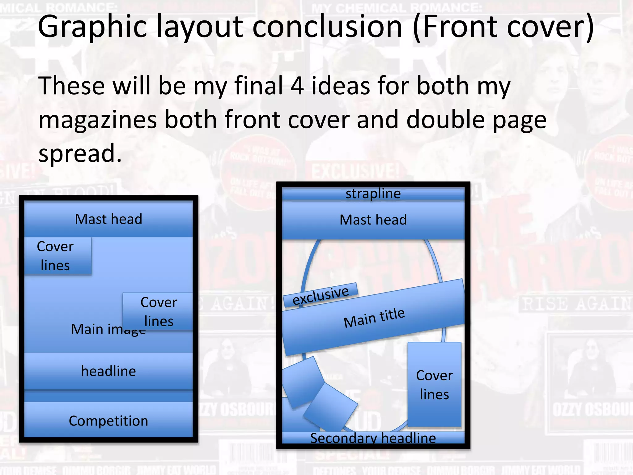 Graphic layout conclusion (Front cover)
These will be my final 4 ideas for both my
magazines both front cover and double page
spread.
Mast head
Main image
Competition
headline
Cover
lines
Cover
lines
Mast head
Secondary headline
strapline
Cover
lines
 
