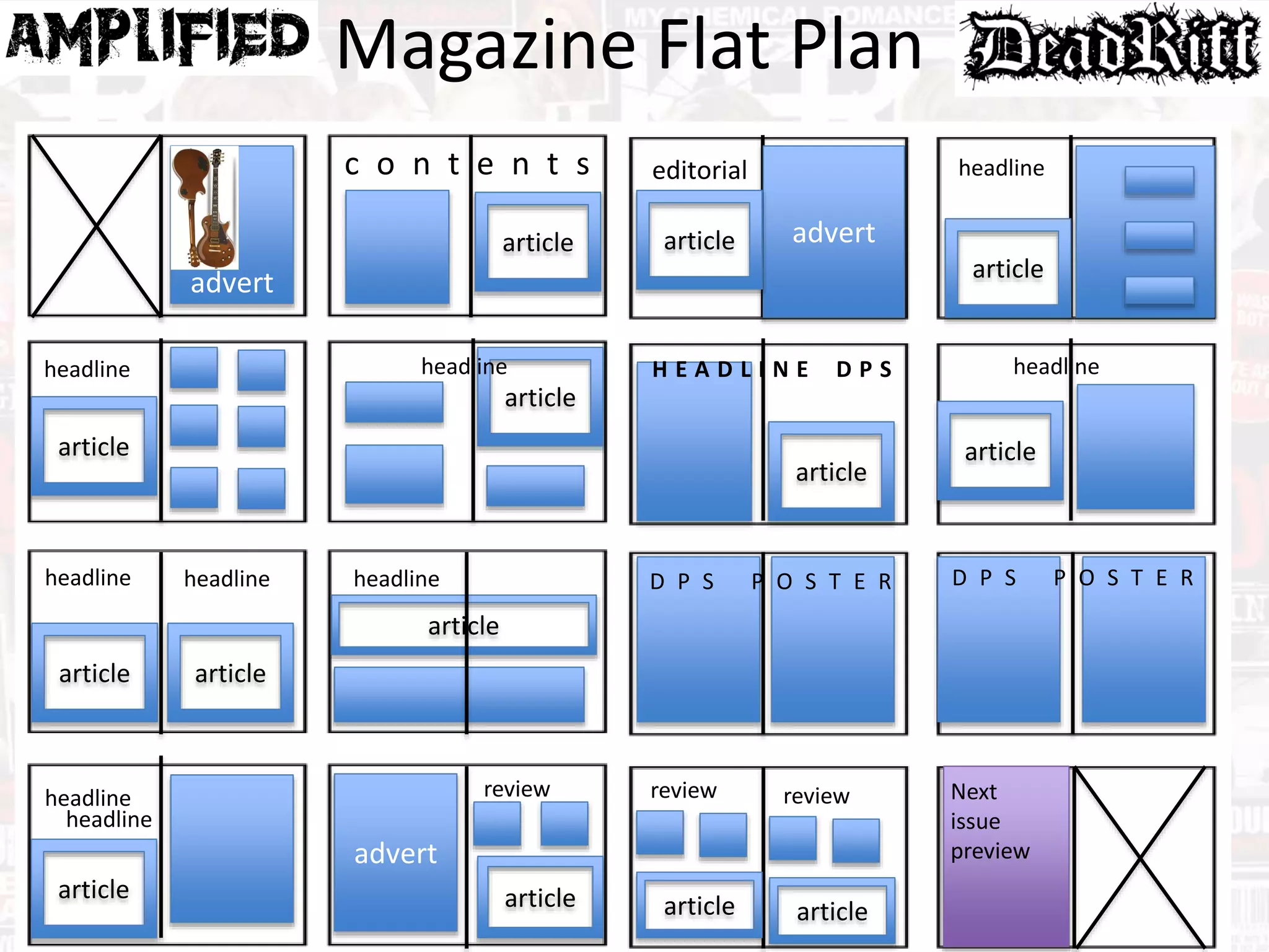 Magazine Flat Plan
c o n t e n t s
advert
editorial
advert
headline
article
headline
headline
headline
headline
headline review review Next
issue
preview
H E A D L I N E D P S
article
article
headline
articlearticle
article article
article
article article
articlearticle
headline
article
D P S P O S T E R
headline
D P S P O S T E R
review
article
advert
 