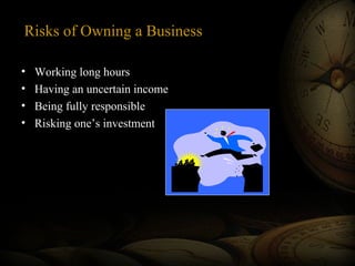 Risks of Owning a Business
•
•
•
•

Working long hours
Having an uncertain income
Being fully responsible
Risking one’s investment

 