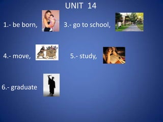 UNIT 14

1.- be born,   3.- go to school,



4.- move,        5.- study,



6.- graduate
 