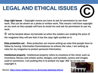 LEGAL AND ETHICAL ISSUES
Copy right issues – Copyright means you have to ask for permission to use their
work. This can be shown on a photo or written work. This means I will have copyright
on my work so then people will have to email me and ask for permission to use my
work.
© will be located above my barcode so when the readers are reading the price of
the magazine they will see that it has the copy right symbol on it.
Data protection act - Data protection act means setting up rules that people have to
follow by having Information Commissioner to enforce the rules. I am setting up
rules for my magazine to protect personal information.
Intellectual property - Intellectual property refers to creations of the mind, such as
inventions; literary and artistic works; designs; and symbols, names and images
used in commerce. I am putting this in to protect my logo ‘JKZ’ so no one can
copyright it.
Source: https://www.ukdataservice.ac.uk/manage-data/legal-ethical
 
