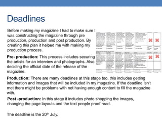 Deadlines
Pre- production: This process includes securing
the artists for an interview and photographs. Also
deciding the official date of the release of the
magazine.
Production: There are many deadlines at this stage too, this includes getting
information and images that will be included in my magazine. If the deadline isn't
met there might be problems with not having enough content to fill the magazine
with.
Post -production: In this stage it includes photo shopping the images,
changing the page layouts and the text people proof read.
Before making my magazine I had to make sure I
was constructing the magazine through pre
production, production and post production. By
creating this plan it helped me with making my
production process.
The deadline is the 20th July.
 