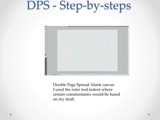 DPS - Step-by-steps
Double Page Spread- blank canvas
I used the ruler tool indent where
certain commentaries would be based
on my draft.
 