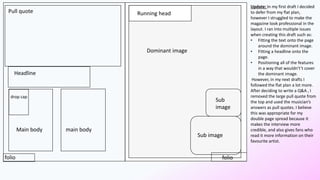 Pull quote
Headline
drop cap
Main body main body
Running head
Dominant image
Sub
image
Sub image
folio folio
Update: In my first draft I decided
to defer from my flat plan,
however I struggled to make the
magazine look professional in the
layout. I ran into multiple issues
when creating this draft such as:
• Fitting the text onto the page
around the dominant image.
• Fitting a headline onto the
page.
• Positioning all of the features
in a way that wouldn't’t cover
the dominant image.
However, in my next drafts I
followed the flat plan a lot more.
After deciding to write a Q&A , I
removed the large pull quote from
the top and used the musician’s
answers as pull quotes. I believe
this was appropriate for my
double page spread because it
makes the interview more
credible, and also gives fans who
read it more information on their
favourite artist.
 