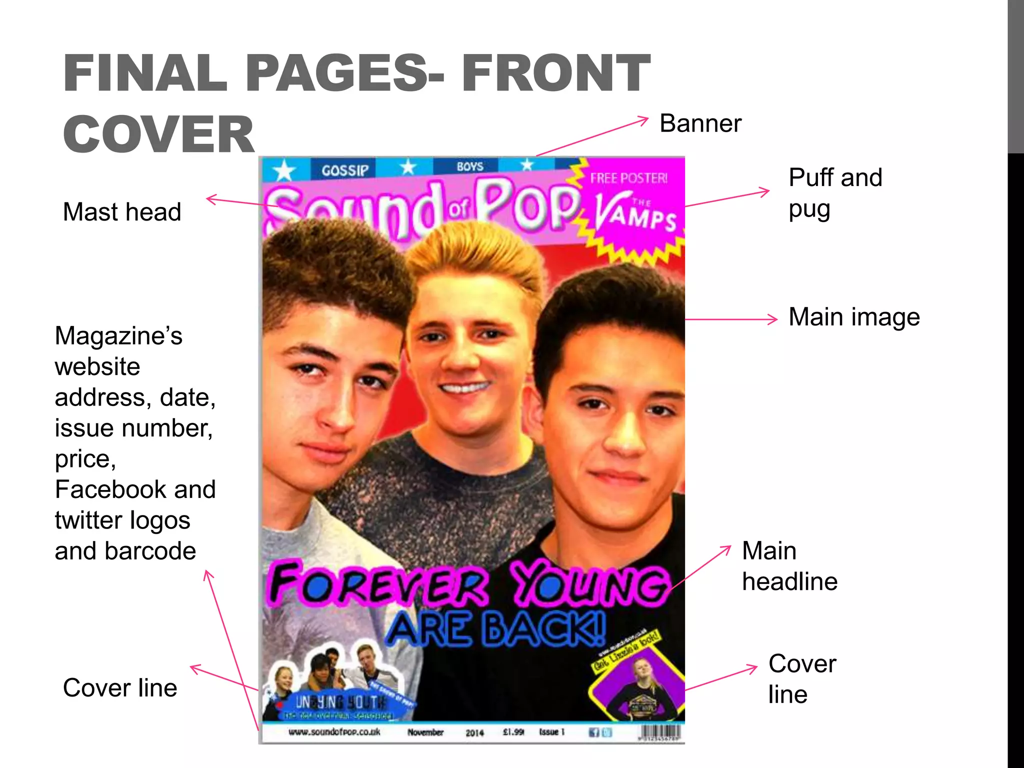 FINAL PAGES- FRONT
COVER Banner
Puff and
pug
Main image
Main
headline
Mast head
Cover line
Cover
line
Magazine’s
website
address, date,
issue number,
price,
Facebook and
twitter logos
and barcode
 