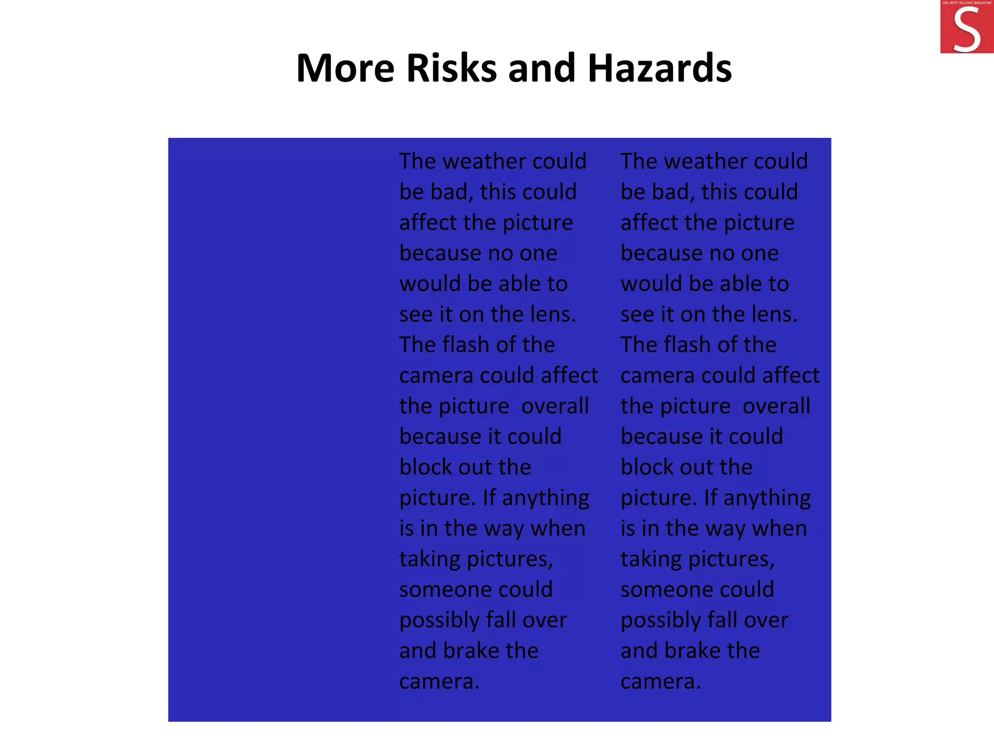 The weather could
be bad, this could
affect the picture
because no one
would be able to
see it on the lens.
The flash of the
camera could affect
the picture overall
because it could
block out the
picture. If anything
is in the way when
taking pictures,
someone could
possibly fall over
and brake the
camera.
The weather could
be bad, this could
affect the picture
because no one
would be able to
see it on the lens.
The flash of the
camera could affect
the picture overall
because it could
block out the
picture. If anything
is in the way when
taking pictures,
someone could
possibly fall over
and brake the
camera.
More Risks and Hazards
 