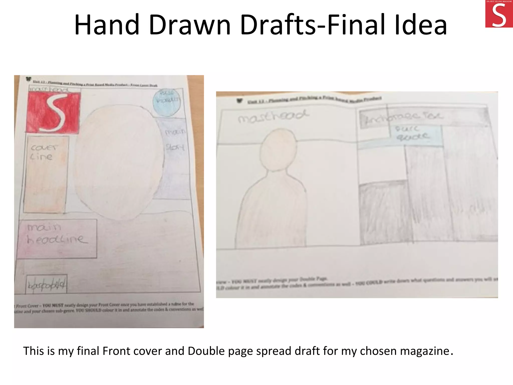 Hand Drawn Drafts-Final Idea
This is my final Front cover and Double page spread draft for my chosen magazine.
 