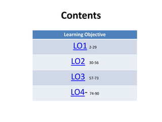 Contents
Learning Objective
LO1 2-29
LO2 30-56
LO3 57-73
LO4- 74-90
 