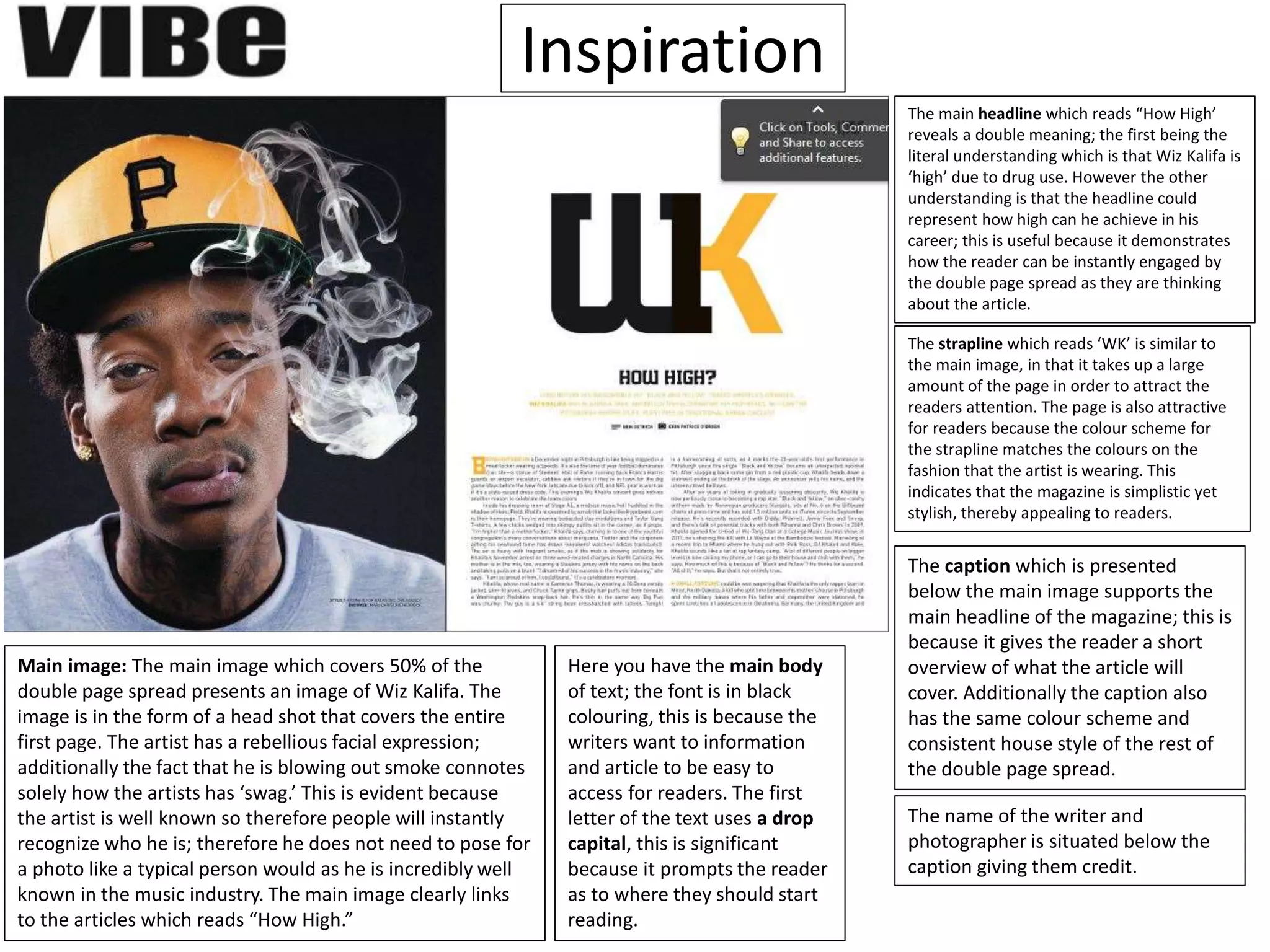 Inspiration
Main image: The main image which covers 50% of the
double page spread presents an image of Wiz Kalifa. The
image is in the form of a head shot that covers the entire
first page. The artist has a rebellious facial expression;
additionally the fact that he is blowing out smoke connotes
solely how the artists has ‘swag.’ This is evident because
the artist is well known so therefore people will instantly
recognize who he is; therefore he does not need to pose for
a photo like a typical person would as he is incredibly well
known in the music industry. The main image clearly links
to the articles which reads “How High.”
The main headline which reads “How High’
reveals a double meaning; the first being the
literal understanding which is that Wiz Kalifa is
‘high’ due to drug use. However the other
understanding is that the headline could
represent how high can he achieve in his
career; this is useful because it demonstrates
how the reader can be instantly engaged by
the double page spread as they are thinking
about the article.
The strapline which reads ‘WK’ is similar to
the main image, in that it takes up a large
amount of the page in order to attract the
readers attention. The page is also attractive
for readers because the colour scheme for
the strapline matches the colours on the
fashion that the artist is wearing. This
indicates that the magazine is simplistic yet
stylish, thereby appealing to readers.
Here you have the main body
of text; the font is in black
colouring, this is because the
writers want to information
and article to be easy to
access for readers. The first
letter of the text uses a drop
capital, this is significant
because it prompts the reader
as to where they should start
reading.
The caption which is presented
below the main image supports the
main headline of the magazine; this is
because it gives the reader a short
overview of what the article will
cover. Additionally the caption also
has the same colour scheme and
consistent house style of the rest of
the double page spread.
The name of the writer and
photographer is situated below the
caption giving them credit.
 