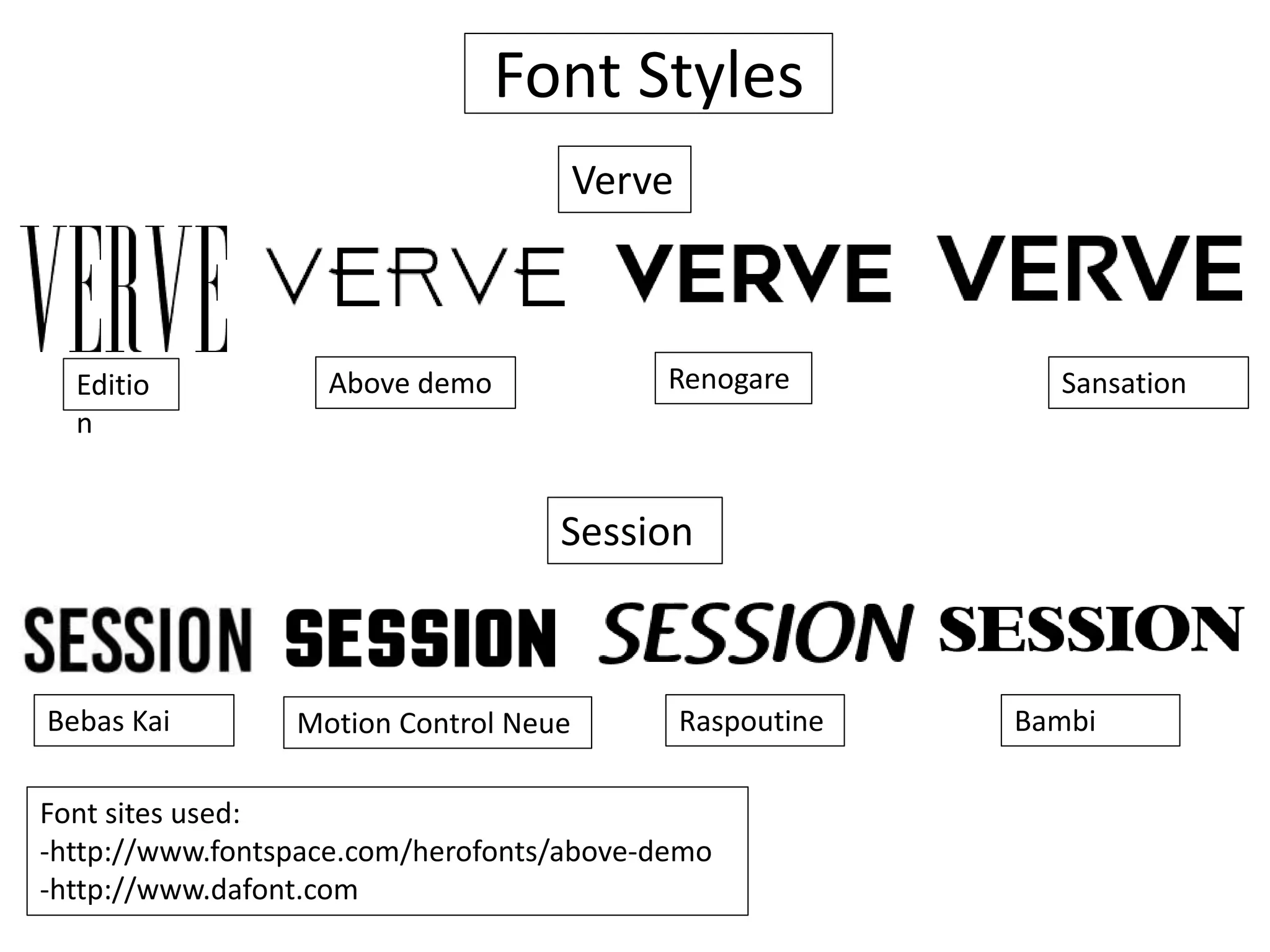 Font Styles
Verve
Session
Editio
n
Font sites used:
-http://www.fontspace.com/herofonts/above-demo
-http://www.dafont.com
Above demo Renogare Sansation
Bebas Kai Motion Control Neue Raspoutine Bambi
 