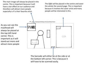 The Q&A will be placed in the centre and cover
the whole the second page. This is important
because it involves the cover artist and many
people will be interested in this.
The main image will always be placed in the
centre. This is important because it will
have a star effect on our audience and
therefore will attract more people
especially is if is their favorite artist.
As you can see the
masthead will
always be placed at
the top left hand
corner. This is
important as it will
stand out more and
attract more people
The barcode will either be at the side or at
the bottom left corner. This is because it
will have to be scanned easily.
 