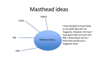 Masthead ideas
Masthead ideas
TUNE
RW
JINX
KINGS
I have decided to have these
as my draft ideas for my
magazine. However, the two I
have gone with are tune and
RW. I chose these two as I
think they would suit a
magazine most.
 