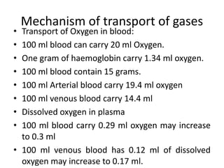 Mechanism of transport of gases
• Transport of Oxygen in blood:
• 100 ml blood can carry 20 ml Oxygen.
• One gram of haemoglobin carry 1.34 ml oxygen.
• 100 ml blood contain 15 grams.
• 100 ml Arterial blood carry 19.4 ml oxygen
• 100 ml venous blood carry 14.4 ml
• Dissolved oxygen in plasma
• 100 ml blood carry 0.29 ml oxygen may increase
to 0.3 ml
• 100 ml venous blood has 0.12 ml of dissolved
oxygen may increase to 0.17 ml.
 