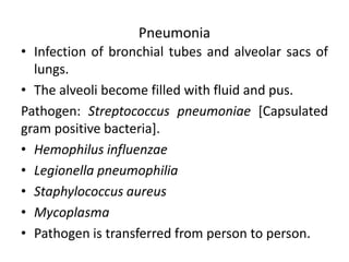 Pneumonia
• Infection of bronchial tubes and alveolar sacs of
lungs.
• The alveoli become filled with fluid and pus.
Pathogen: Streptococcus pneumoniae [Capsulated
gram positive bacteria].
• Hemophilus influenzae
• Legionella pneumophilia
• Staphylococcus aureus
• Mycoplasma
• Pathogen is transferred from person to person.
 